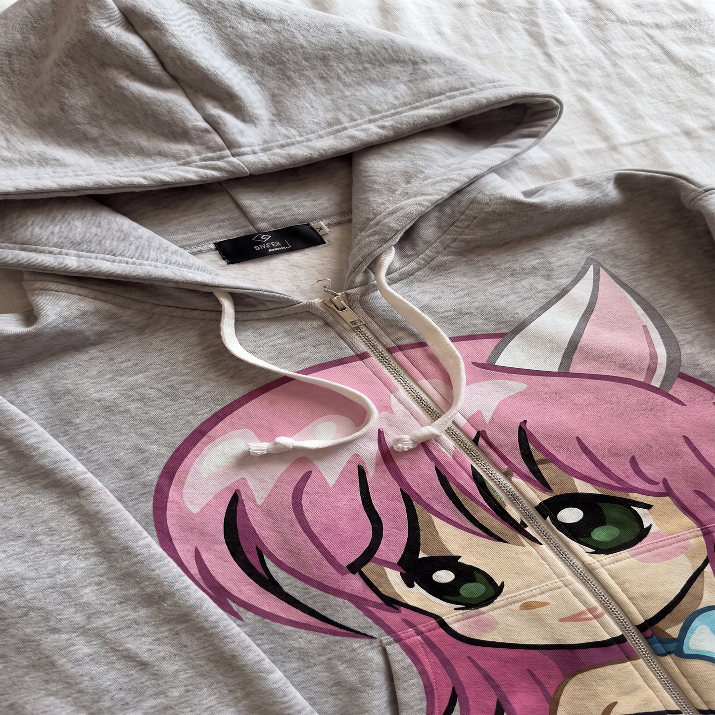 Anime Cat Girl Oversized Zip Hoodie — Heather Gray