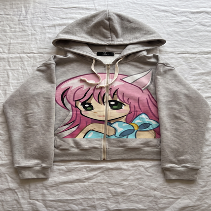 Anime Cat Girl Oversized Zip Hoodie — Heather Gray