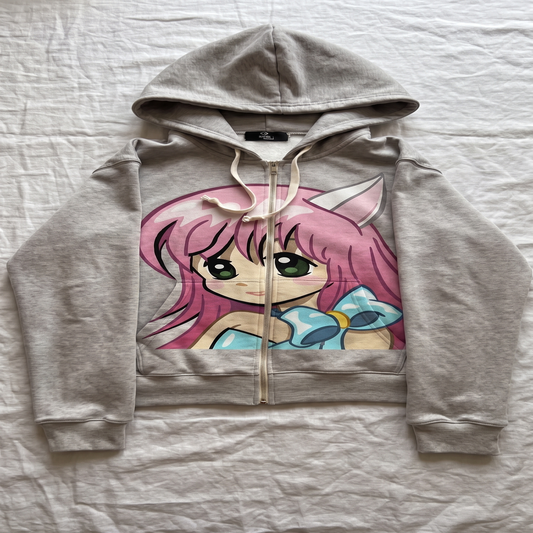 Anime Cat Girl Oversized Zip Hoodie — Heather Gray