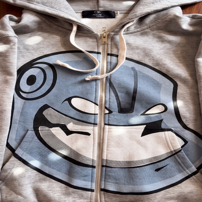 Robot Face Oversized Zip Hoodie — Heather Gray